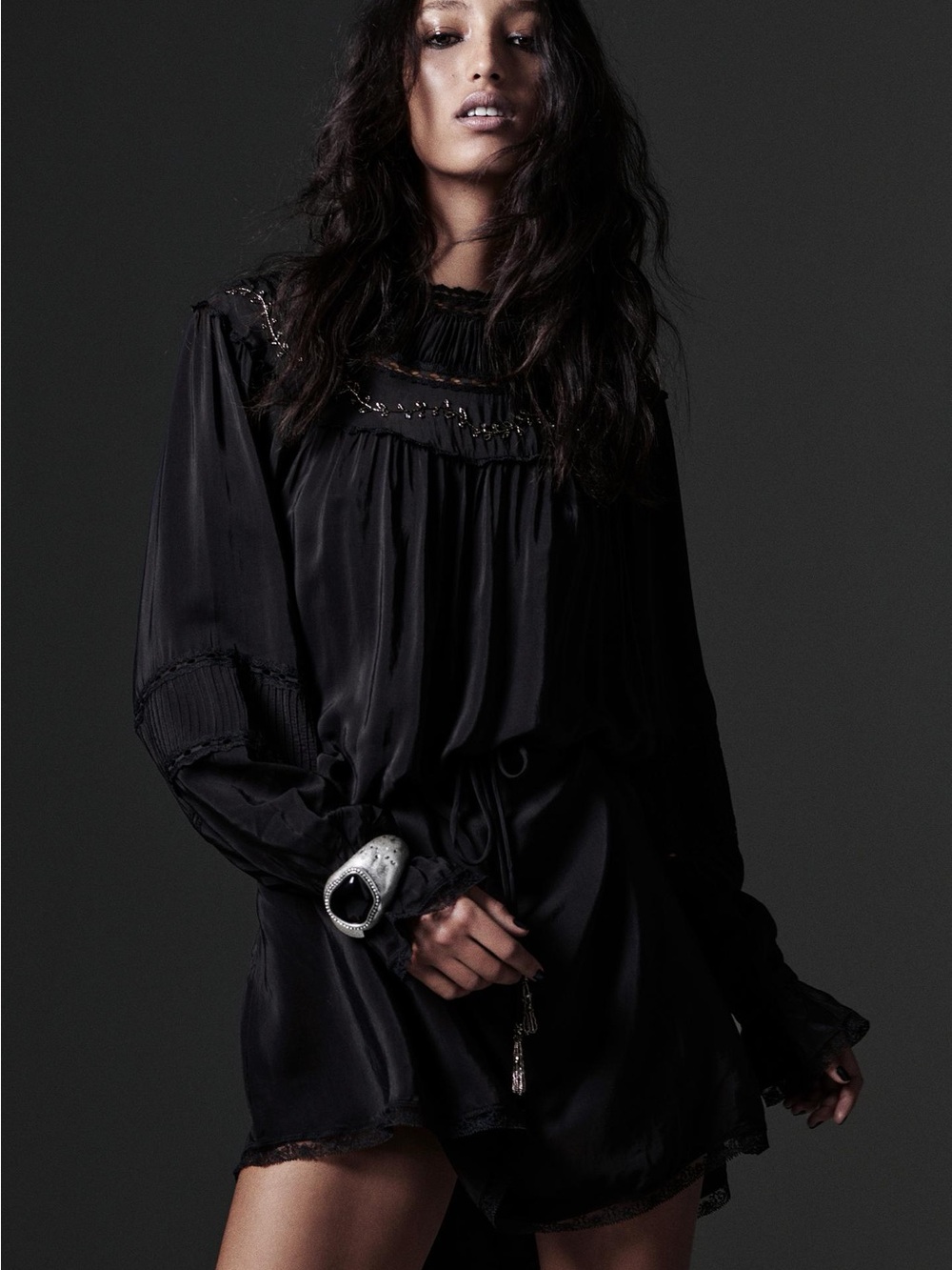 Zara Black Satin Long-Sleeve Mini Dress with Lace Trim